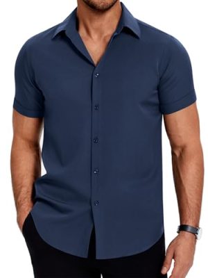 Mens Dress Shirts Short Sleeve Regular Fit Lightweight Untucked Button Down Shirt