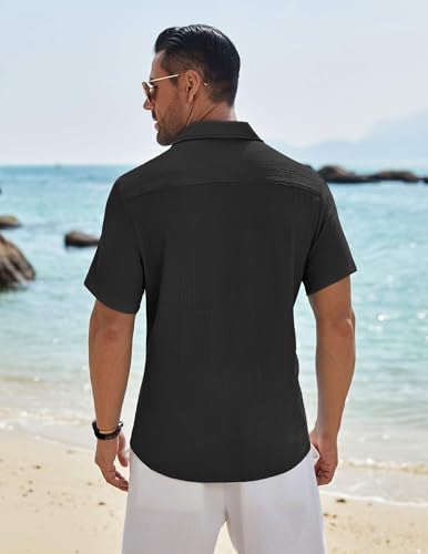 Mens Casual Button Down Shirt Short Sleeve Textured Shirt Summer Beach Vacation Shirts with Pocket