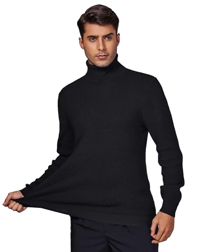 Mens Turtleneck Sweater Waffle Knit Long Sleeve Pullover Sweaters Solid Thermal Casual Pullovers