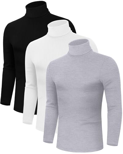 3 Pack Men's Turtleneck Sweater Ribbed Long Sleeve Mock Turtleneck Shirts Casual Knitted Basic Layer Pullover Top