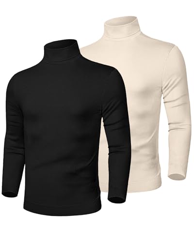 2 Pack Men's Turtleneck Sweater Slim Fit Knitted Basic Tops Lightweight Long Sleeve Ribbed Casual Pullover Top