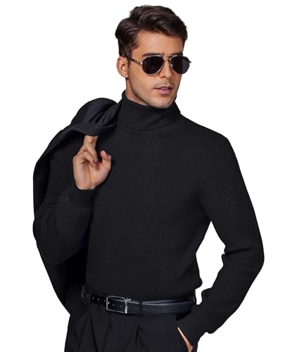 Mens Turtleneck Sweater Waffle Knit Long Sleeve Pullover Sweaters Solid Thermal Casual Pullovers