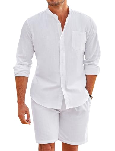 Linen Sets For Men 2 Piece Button Down Shirt Long Sleeve and Casual Beach Drawstring Waist Shorts Summer Outfits