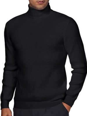 Mens Turtleneck Sweater Waffle Knit Long Sleeve Pullover Sweaters Solid Thermal Casual Pullovers