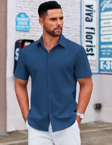 Men's Casual Dress Shirt Short Sleeve Button Down Shirts Summer Wedding Untucked Shirt