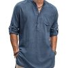 Men's Linen Henley Shirts Long Sleeve Collarless T-Shirts Longline Kurta Beach Shirts with Pocket