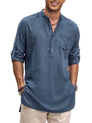 Men's Linen Henley Shirts Long Sleeve Collarless T-Shirts Longline Kurta Beach Shirts with Pocket