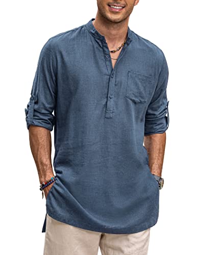Men's Linen Henley Shirts Long Sleeve Collarless T-Shirts Longline Kurta Beach Shirts with Pocket