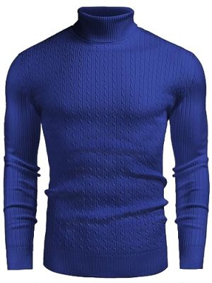 Men's Slim Fit Turtleneck Sweater Casual Twist Patterned Pullover Knitted Sweater Royal Blue