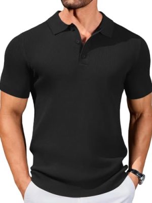 Mens Slim Fit Knit Polo Shirts Business Lightweight Polo Sweater Casual Summer Ribbed Textured Collared T Shirt
