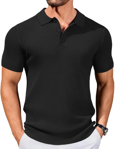 Mens Slim Fit Knit Polo Shirts Business Lightweight Polo Sweater Casual Summer Ribbed Textured Collared T Shirt