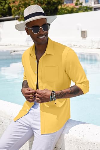 Men's Casual Button Down Shirt Long Sleeve Linen Chambray Shirt