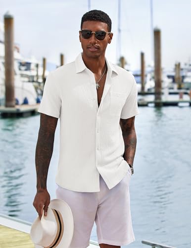 Men's Casual Button Down Shirts Short Sleeve Textured Shirt Summer Untucked Vacation Beach Wedding Shirts