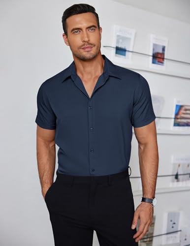 Mens Dress Shirts Short Sleeve Regular Fit Lightweight Untucked Button Down Shirt