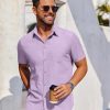 Men's Short Sleeve Button Down Shirt Casual Untucked Dress Shirt Stretch Denim Shirt