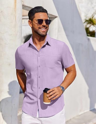 Men's Short Sleeve Button Down Shirt Casual Untucked Dress Shirt Stretch Denim Shirt