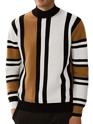Mens Mock Turtleneck Sweater Vintage Striped Pullover Sweater Fashion Jumper Sweater