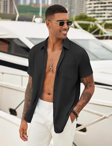 Mens Casual Button Down Shirt Short Sleeve Textured Shirt Summer Beach Vacation Shirts with Pocket
