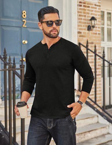 Mens Henley Shirt Long Sleeve Casual Stretch Solid T-Shirts Fashion Pullover Lightweight Fall Tops