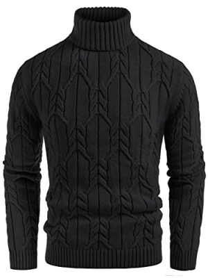 Men's Turtleneck Pullover Sweaters Long Sleeve Solid Twisted Cable Knit Sweater
