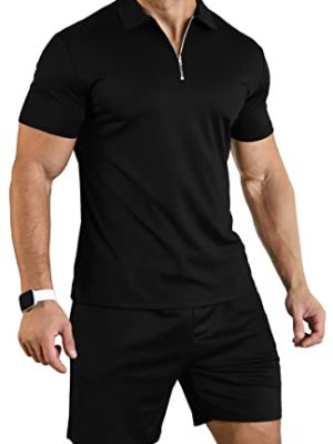 Mens Short Sleeve Casual Polo Shirt and Shorts Sets Two Piece Summer Outfits Zip Polo Tracksuit Set for Men S-XXL