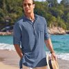 Men's Linen Henley Shirts Long Sleeve Collarless T-Shirts Longline Kurta Beach Shirts with Pocket
