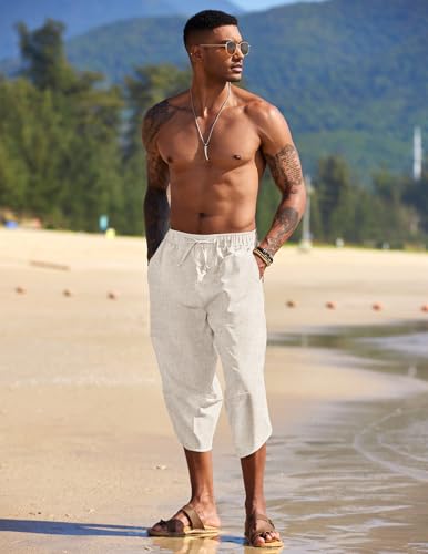 Men's Linen Harem Capri Pants Lightweight Loose 3/4 Shorts Drawstring Elastic Waist Casual Beach Boho Yoga Trousers
