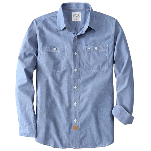® Chambray Shirt Men Long Sleeve Cotton Work Shirts with 2 Pockets Casual Button Down