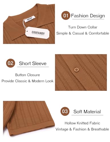 Men's Knit Shirts Short Sleeve Button Down Polo Shirt Crochet Casual Vintage Summer Beach Shirts