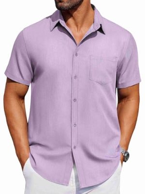 Men's Short Sleeve Button Down Shirt Casual Untucked Dress Shirt Stretch Denim Shirt