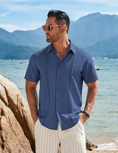 Mens Cuban Guayabera Short Sleeve Shirt Casual Summer Beach Tops Button Down Untucked Shirts