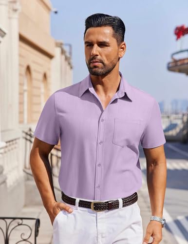 Men's Short Sleeve Button Down Shirt Casual Untucked Dress Shirt Stretch Denim Shirt