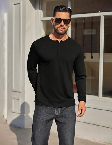 Mens Henley Shirt Long Sleeve Casual Stretch Solid T-Shirts Fashion Pullover Lightweight Fall Tops