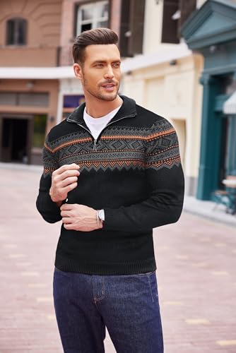 Men's Quarter Zip Pullover Sweater Casual Zip Up Polo Sweater Knit