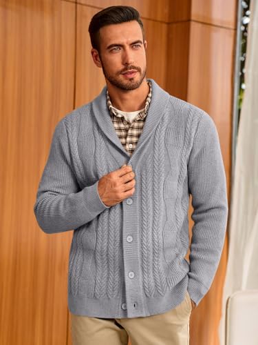 Mens Shawl Collar Cardigan Sweater Cable Knit Button Down Sweaters Long Sleeve Casual Winter Outwear