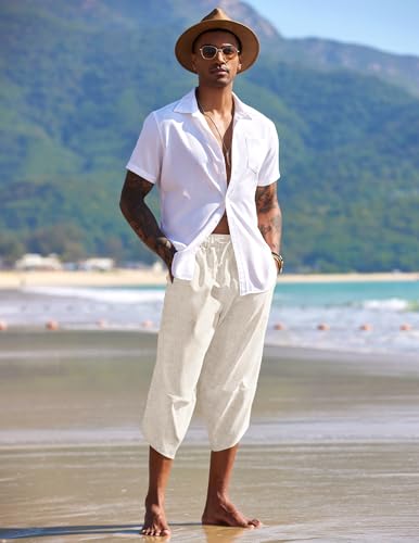 Men's Linen Harem Capri Pants Lightweight Loose 3/4 Shorts Drawstring Elastic Waist Casual Beach Boho Yoga Trousers
