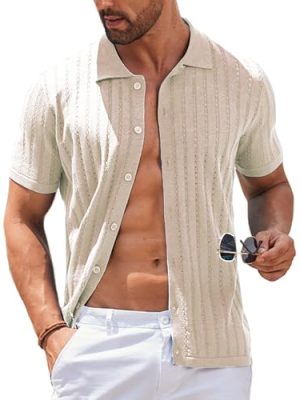 Men's Knit Shirts Short Sleeve Button Down Polo Shirt Vintage Casual Summer Beach Shirts