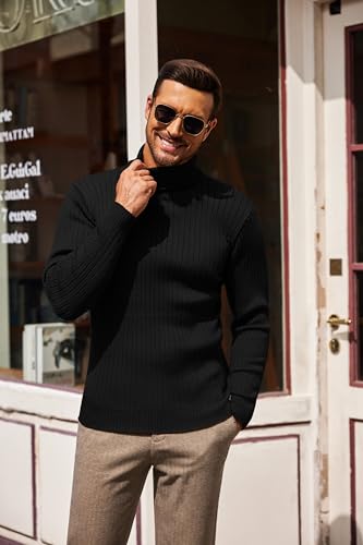 Men's Slim Fit Turtleneck Sweater Casual Pullover Sweater Lightweight Ribbed Sweater