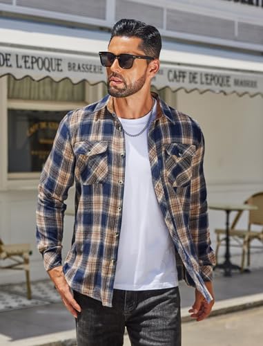 Men's Fall Plaid Button Down Shirt Long Sleeve Casual Cowboy Work Shirts Lightweight Flannel Shirts Two Pocket