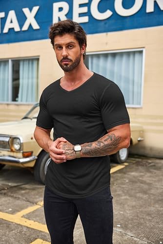 Mens 2 Pack Muscle V Neck T Shirt Fitted Gym Workout Short Sleeve Bodybuilding Tee