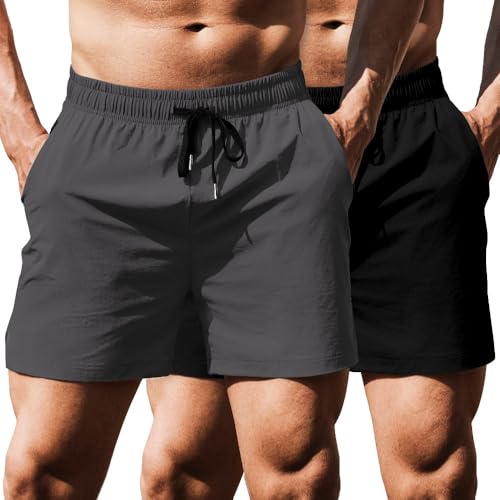 Men's Running Athletic Shorts 5 Inch 2 Pack Gym Workout Shorts Fitted Exercise Hiking Shorts with Zipper Pocket