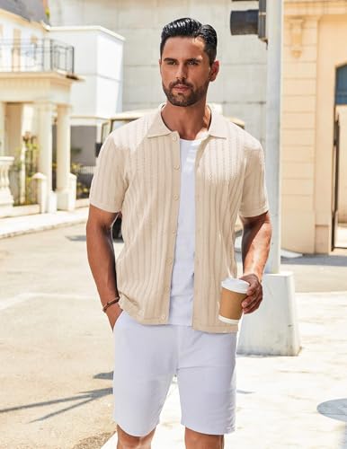 Men's Knit Shirts Short Sleeve Button Down Polo Shirt Vintage Casual Summer Beach Shirts