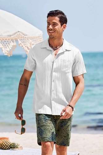 Men's Short Sleeve Casual Button Down Shirts Textured Summer Beach Shirt with Pocket