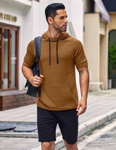 Men's Short Sleeve Hoodie Workout Gym Sweatshirt Muscle Fit Fashion Athletic Hoodies Pullover Cotton Hooded T-Shirts