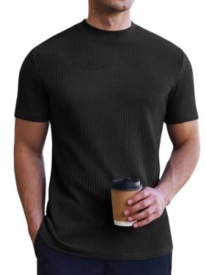 Mens Mock Turtleneck Short Sleeve Knit T Shirts Slim Fit Basic Thermal Tops Lightweight Tee S-XXXL