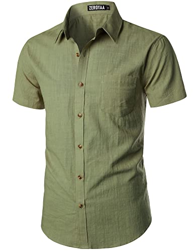 Men's Fitted Cotton Like Linen Casual Short Sleeve Button Up Shirts Lightweight Beach Tops with Pocket