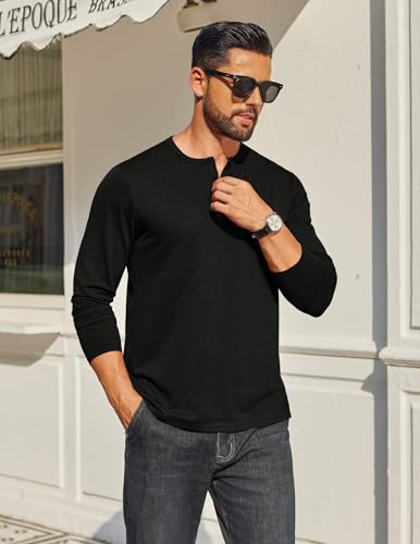 Mens Henley Shirt Long Sleeve Casual Stretch Solid T-Shirts Fashion Pullover Lightweight Fall Tops