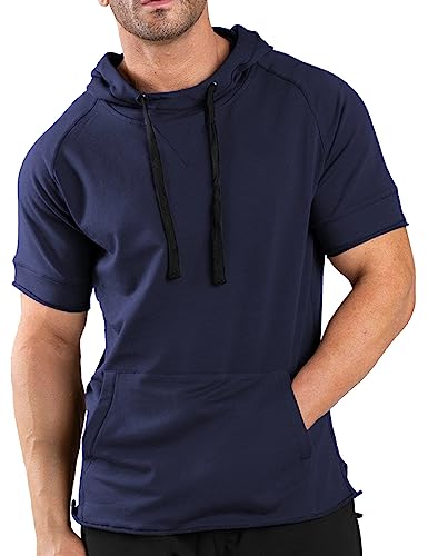 Men's Short Sleeve Hoodie Workout Gym Sweatshirt Muscle Fit Fashion Athletic Hoodies Pullover Cotton Hooded T-Shirts