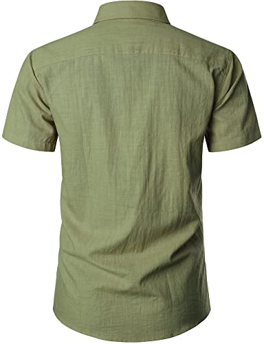 Men's Fitted Cotton Like Linen Casual Short Sleeve Button Up Shirts Lightweight Beach Tops with Pocket