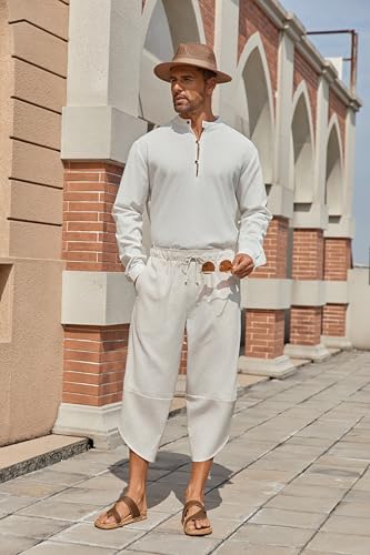 Men's Linen Harem Capri Pants Lightweight Loose 3/4 Shorts Drawstring Elastic Waist Casual Beach Boho Yoga Trousers
